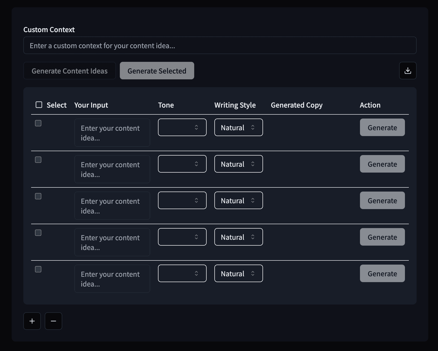 AI Copywriting Table